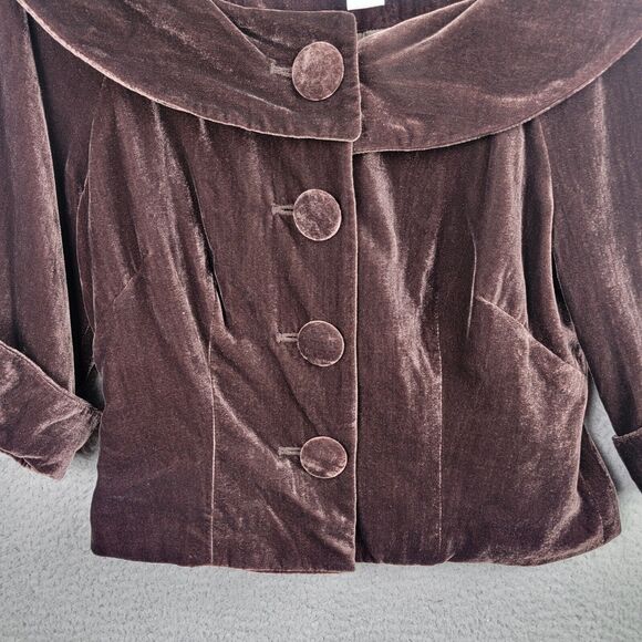 Mandarin Blue Jacket Womens 6 Chocolate Brown Velvet Crop Jackie Kennedy Retro - Picture 5 of 10